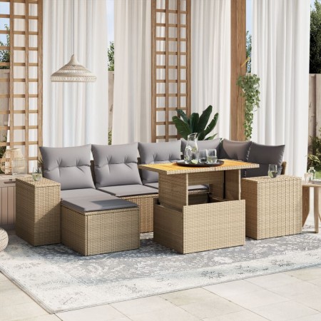 Set sofás de jardín 7 piezas y cojines ratán sintético beige en Conjuntos de jardín | Comprar online en Foru.es