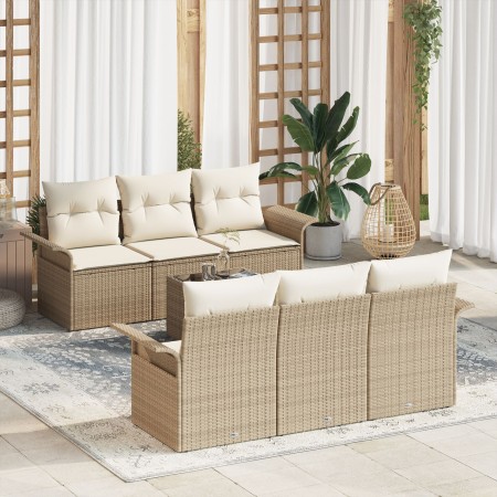 Juego de Sofá de Jardín de 7 Piezas con Cojines Beige Ratán Poliéster de , Sofás de exterior - Ref: Foro24-3345251, Precio: 5...