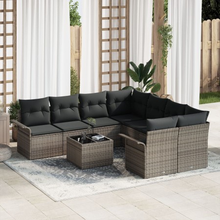 Conjunto de Sofás de Jardín de 9 Piezas con Cojines Gris Ratán Poliéster de , Sofás de exterior - Ref: Foro24-3345299, Precio...