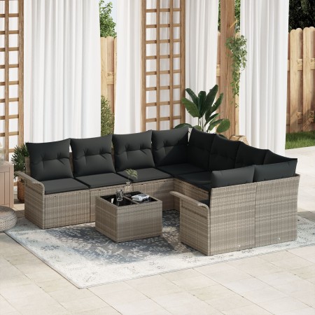 Juego de Sofá de Jardín de 9 Piezas con Cojines Gris Claro de Ratán Sintético de , Sofás de exterior - Ref: Foro24-3345302, P...