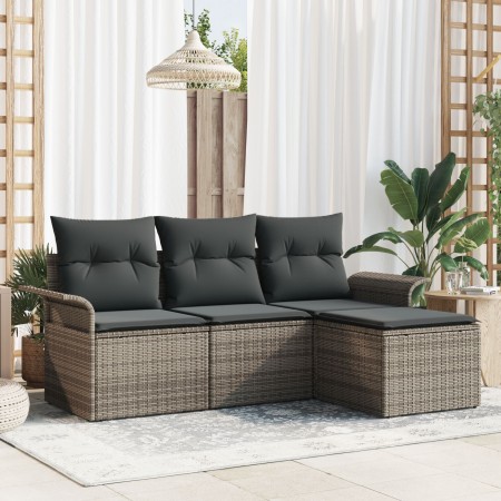 Conjunto de Sofá de Jardín de 4 Piezas con Cojines Grises de Ratán de , Sofás de exterior - Ref: Foro24-3345309, Precio: 261,...