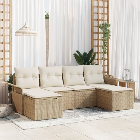 Juego de Sofá de Jardín de 6 Piezas con Cojines Beige de Rattan Poliéster de , Sofás de exterior - Ref: Foro24-3345471, Preci...