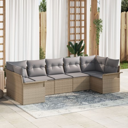 Juego de Sofá de Jardín de 7 Piezas con Cojines Beige Polirratán de , Sofás de exterior - Ref: Foro24-3345510, Precio: 494,68...