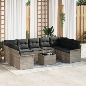 Conjunto de Sofá de Jardín de 10 Piezas con Cojines Grises de Ratán Poliéster de , Sofás de exterior - Ref: Foro24-3345532, P...