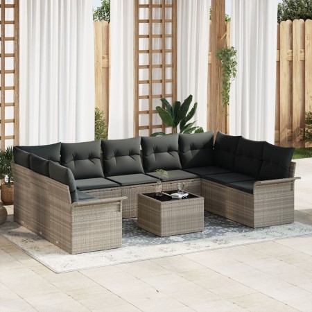 Conjunto de Sofá de Jardín de 10 Piezas con Cojines Grises de Ratán Poliéster de , Sofás de exterior - Ref: Foro24-3345532, P...