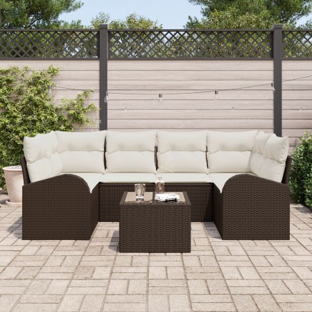 Conjunto de Sofá de Jardín de 7 piezas con cojines Marrón Ratán Poliéster de , Sofás de exterior - Ref: Foro24-3345938, Preci...