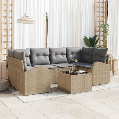 Conjunto de Sofá de Jardín de 7 Piezas con Cojines Beige de Ratán de Poliéster de , Sofás de exterior - Ref: Foro24-3345940, ...