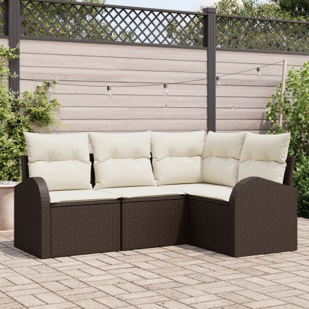 Conjunto de Sofá de Jardín de 4 Piezas con Cojines Marrón Ratán Poliéster de , Sofás de exterior - Ref: Foro24-3346018, Preci...