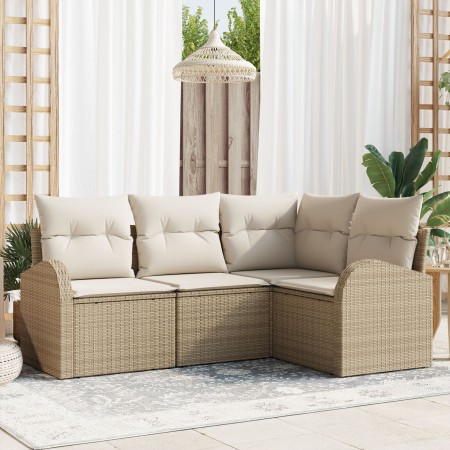 Juego de Sofá de Jardín de 4 Piezas con Cojines Beige Ratán Poliéster de , Sofás de exterior - Ref: Foro24-3346021, Precio: 3...