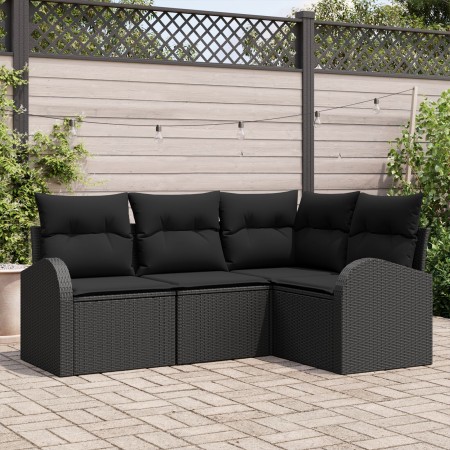 Set de Sofá de Jardín de 4 Piezas con Cojines Negros de Ratán Poliéster de , Sofás de exterior - Ref: Foro24-3346023, Precio:...