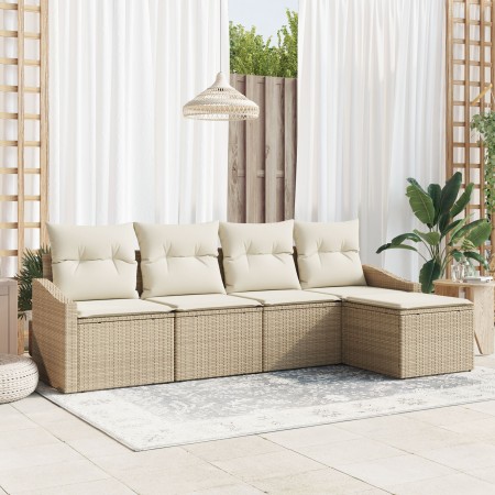 Juego de sofá de 5 piezas con cojines beige de ratán poliéster de , Sofás de exterior - Ref: Foro24-3346681, Precio: 321,32 €...