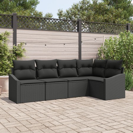 Set de sofá de jardín de 5 piezas con cojines Negro Poliratán de , Sofás de exterior - Ref: Foro24-3346723, Precio: 348,78 €,...