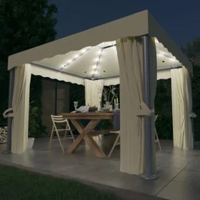 Cenador con cortina y tira de luces LED aluminio crema 3x3 m de vidaXL, Carpas y cenadores - Ref: Foro24-3070345, Precio: 480...