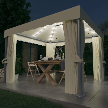 Cenador con cortina y tira de luces LED aluminio crema 3x3 m de vidaXL, Carpas y cenadores - Ref: Foro24-3070345, Precio: 487...