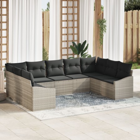 Conjunto de Sofá de Jardín de 9 piezas con Cojines Ratán Poliéster Gris Claro de , Sofás de exterior - Ref: Foro24-3346882, P...