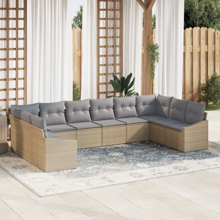 Conjunto de Sofá de Jardín de 10 Piezas con Cojines Beige Ratán Poliéster de , Sofás de exterior - Ref: Foro24-3346900, Preci...