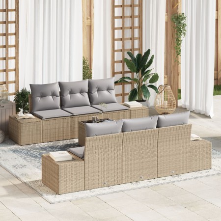 Set de sofá de jardín de 7 piezas con cojines Beige Ratán de poliéster de , Sofás de exterior - Ref: Foro24-3346950, Precio: ...