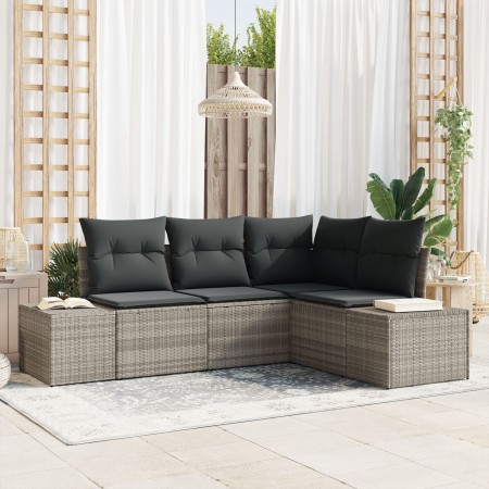 Set de Sofá de Jardín de 4 Piezas con Cojines Gris Claro Poliratán de , Sofás de exterior - Ref: Foro24-3347042, Precio: 332,...