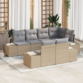 Conjunto de sofá de jardín de 7 piezas con cojines de ratán poliéster beige de , Sofás de exterior - Ref: Foro24-3347100, Pre...