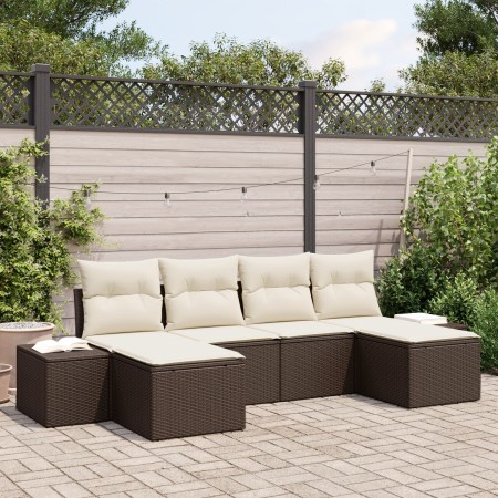 Set de sofá de jardín de 6 piezas con cojines de ratán de poliéster marrón de , Sofás de exterior - Ref: Foro24-3347168, Prec...