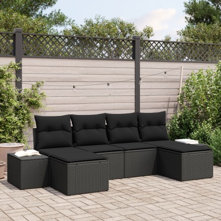 Set de sofás de jardín de 6 piezas con cojines de ratán negro poliéster de , Sofás de exterior - Ref: Foro24-3347173, Precio:...
