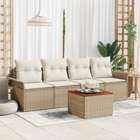 Juego de Sofás de 5 Piezas con Cojines Beige de Ratán Poliéster Acacia de , Sofás de exterior - Ref: Foro24-3347260, Precio: ...