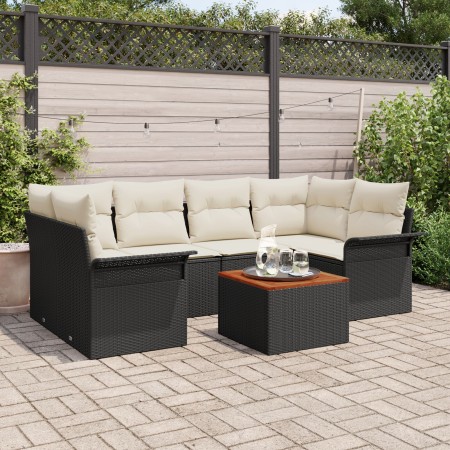 Juego de Sofá de Jardín de 7 Piezas con Cojines Negro Polirratán Acacia de , Sofás de exterior - Ref: Foro24-3347278, Precio:...