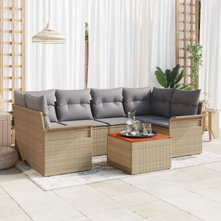 Conjunto de Sofá de Jardín de 7 Piezas con Cojines Beige Poliratán Acacia de , Sofás de exterior - Ref: Foro24-3347280, Preci...