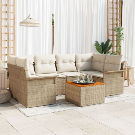 Juego de Sofá de Jardín de 7 Piezas con Cojines Beige Ratán Poliéster Acacia de , Sofás de exterior - Ref: Foro24-3347281, Pr...