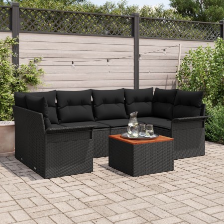Conjunto de Sofá de Jardín de 7 Piezas con Cojines Negro Ratán Poliéster Acacia de , Sofás de exterior - Ref: Foro24-3347282,...
