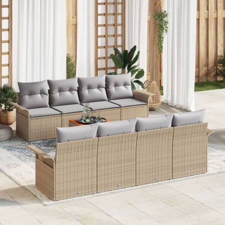 Conjunto de Sofá de Jardín de 9 Piezas con Cojines Beige Ratán de Polietileno Acacia de , Sofás de exterior - Ref: Foro24-334...