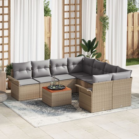 Juego de Sofás de Jardín de 9 Piezas con Cojines Beige Poli Ratan Acacia de , Sofás de exterior - Ref: Foro24-3347308, Precio...