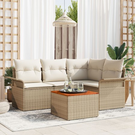 Juego de sofá de jardín de 5 piezas con cojines beige en poliratán y acacia de , Sofás de exterior - Ref: Foro24-3347323, Pre...