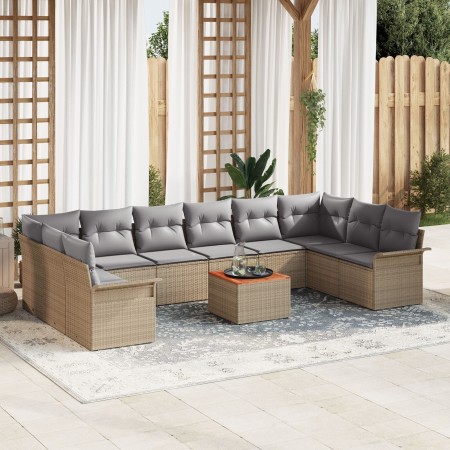 Juego de Sofás de Jardín de 11 Piezas con Cojines Beige de Rattan de Polietileno Acacia de , Sofás de exterior - Ref: Foro24-...