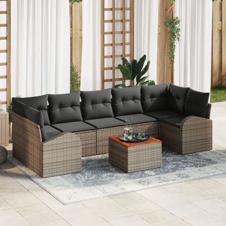 Conjunto de Sofá de Jardín de 8 Piezas con Cojines Gris Ratán Poliéster Acacia de , Sofás de exterior - Ref: Foro24-3347545, ...