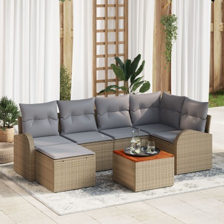 Conjunto de Sofá de Jardín de 7 Piezas con Cojines Beige Poliratán Acacia de , Sofás de exterior - Ref: Foro24-3347602, Preci...