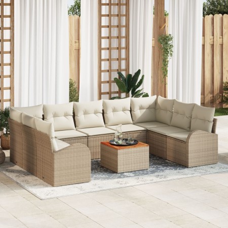 Juego de Sofá de Jardín de 10 Piezas con Cojines Beige Ratán Sintético Acacia de , Sofás de exterior - Ref: Foro24-3347624, P...