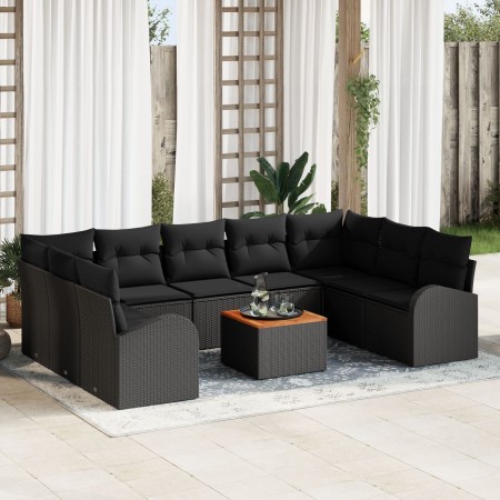 Juego de Sofá de Jardín de 10 Piezas con Cojines Negro Polirratán Acacia de , Sofás de exterior - Ref: Foro24-3347625, Precio...