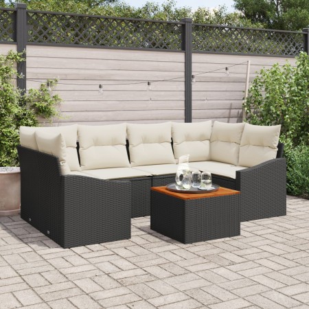 Conjunto de Sofás de 7 Piezas con Cojines Negros de Ratan Poliéster y Acacia de , Sofás de exterior - Ref: Foro24-3347782, Pr...