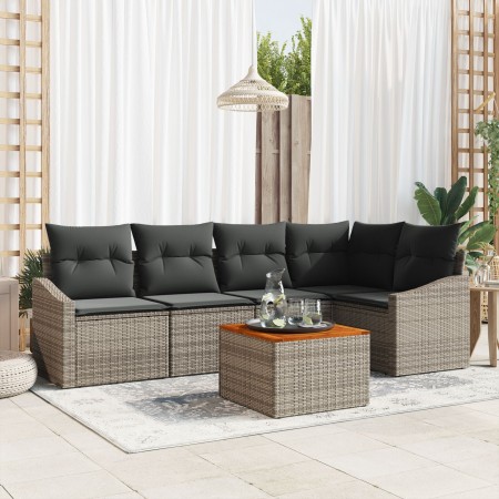 Conjunto de sofá de jardín de 6 piezas con cojines gris de poliratán de acacia de , Sofás de exterior - Ref: Foro24-3347832, ...