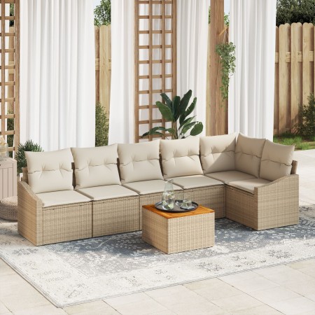 Conjunto de Sofá de Jardín de 7 Piezas con Cojines Beige Poliratán Acacia de , Sofás de exterior - Ref: Foro24-3347841, Preci...