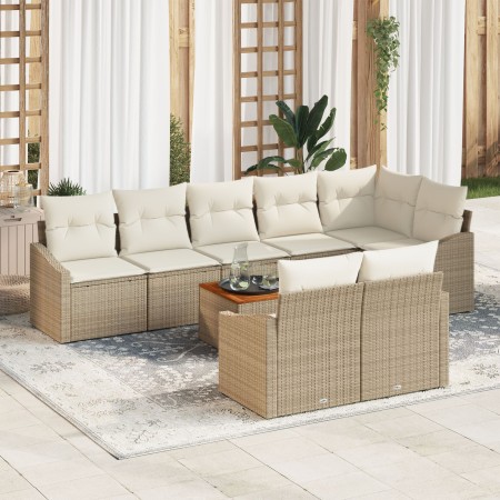 Juego de sofás de jardín de 9 piezas con cojines beige ratán poliéster acacia de , Sofás de exterior - Ref: Foro24-3347848, P...