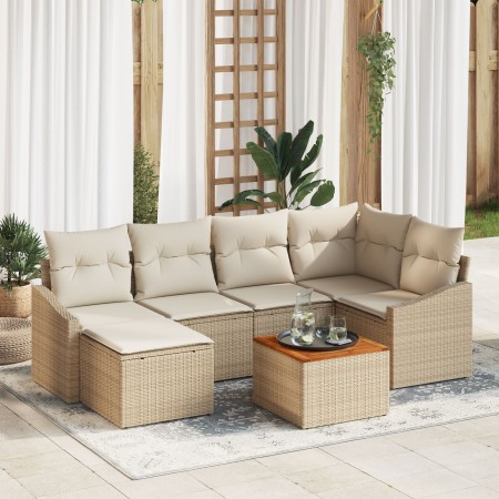 Conjunto de sofá de 7 piezas con cojines beige de poliratán acacia de , Sofás de exterior - Ref: Foro24-3347855, Precio: 443,...