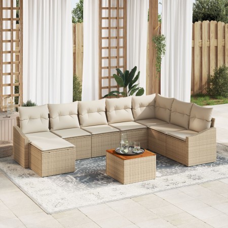 Set de Sofás de Jardín de 9 Piezas con Cojines Beige Ratán Poliéster Acacia de , Sofás de exterior - Ref: Foro24-3347869, Pre...