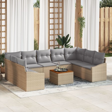 Juego de Sofá de Jardín de 10 Piezas con Cojines Beige Poliratán Acacia de , Sofás de exterior - Ref: Foro24-3347875, Precio:...