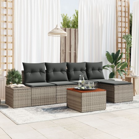Conjunto de sofá de jardín de 6 piezas con cojines gris ratán sintético acacia de , Sofás de exterior - Ref: Foro24-3347944, ...