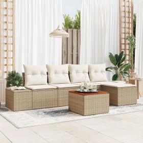 Juego de Sofás de Jardín de 6 Piezas con Cojines Beige de Ratán Polimérico y Acacia de , Sofás de exterior - Ref: Foro24-3347...