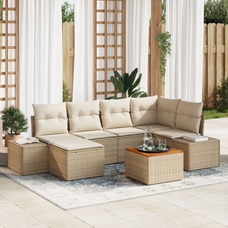 Juego de Sofá de Jardín de 7 Piezas con Cojines Beige Poliratán Acacia de , Sofás de exterior - Ref: Foro24-3347981, Precio: ...