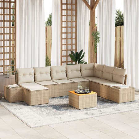 Conjunto de Sofás de Jardín de 9 Piezas con Cojines Beige Poliratán Acacia de , Sofás de exterior - Ref: Foro24-3347995, Prec...