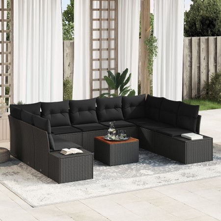 Conjunto de Sofá de Jardín de 10 piezas con cojines Negro Poliratán Acacia de , Sofás de exterior - Ref: Foro24-3348003, Prec...